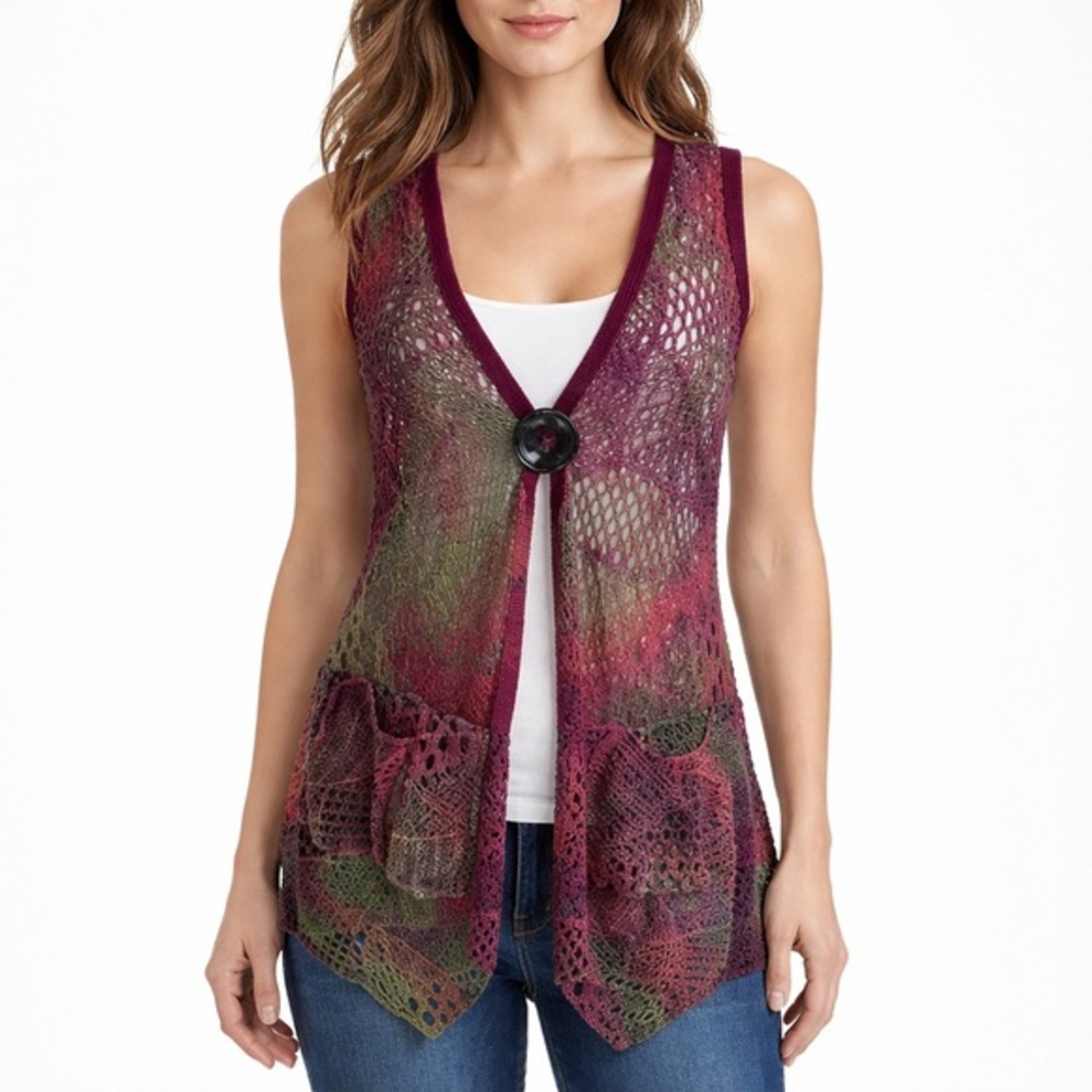 Lily by Firmiana sleeveless Crochet sweater vest  in purple, green and burgundy.